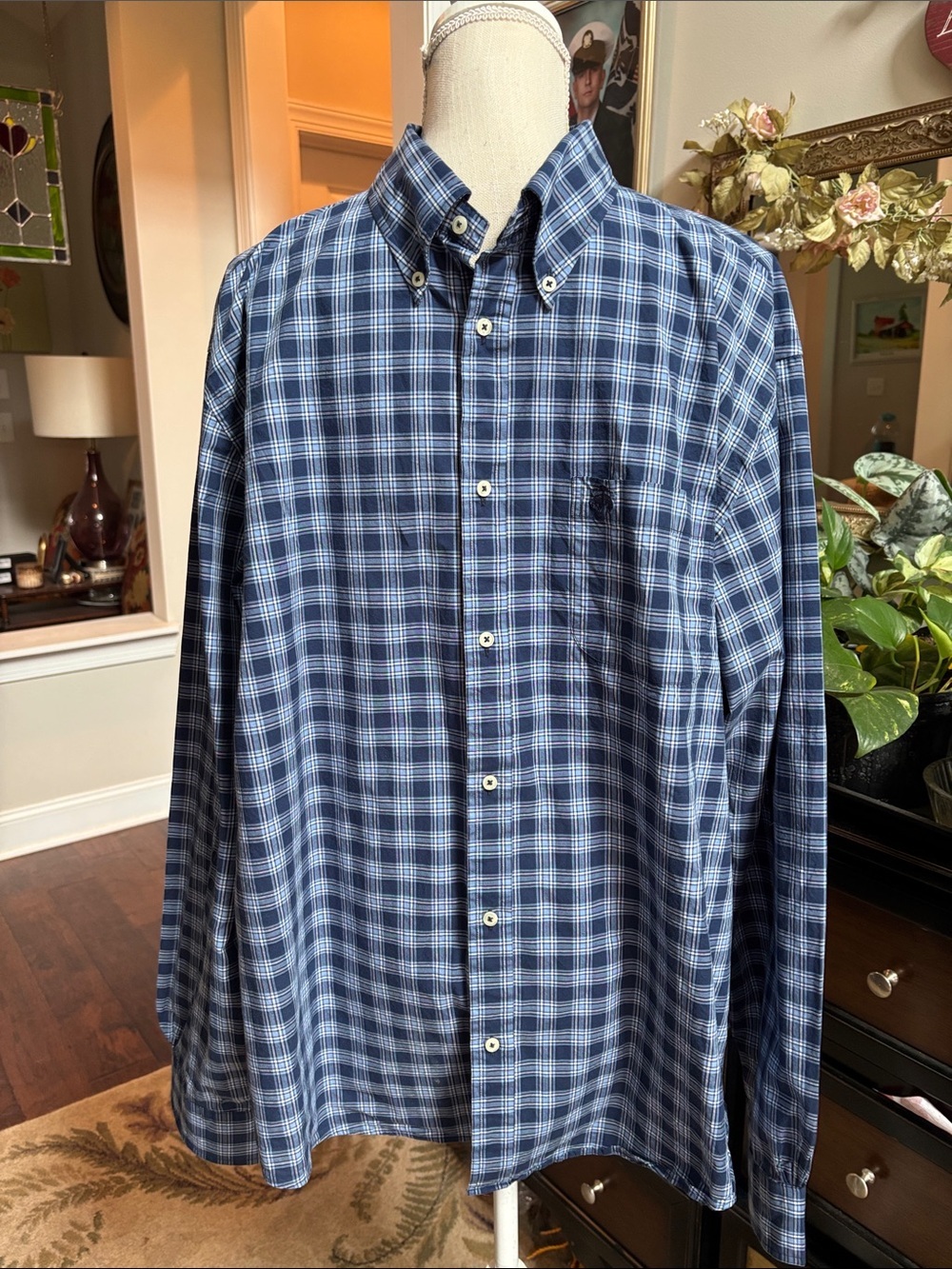 Brooks Brothers Men's Blue Plaid Button-Down Shirt see measurements
